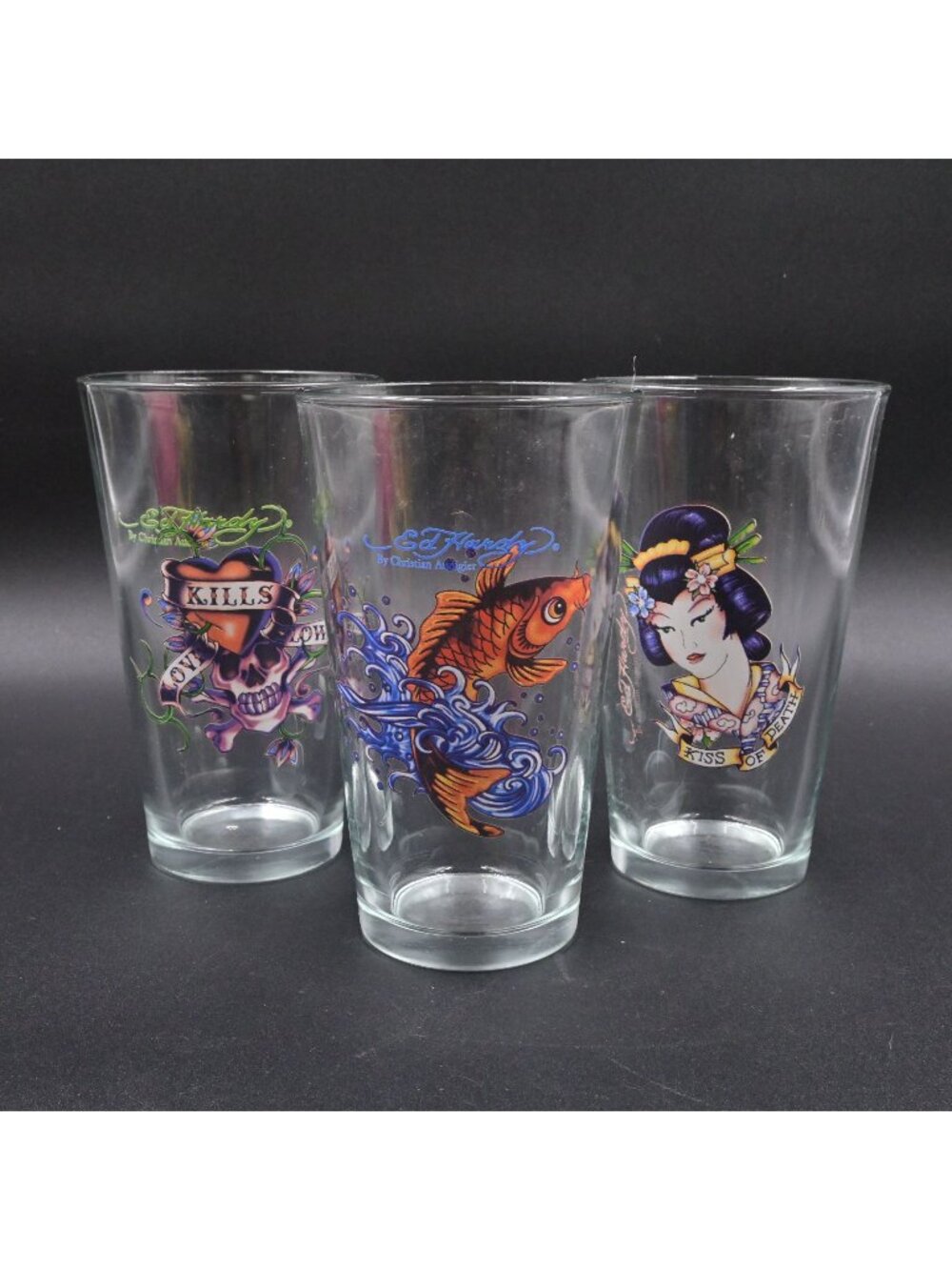 Ed Hardy Pint Glasses Set of 3 Love Kills Koi Fish Geisha Kiss of Death